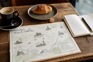 café table with a heritage map, espresso, and pastry in soft afternoon light, evoking travel planning and cultural exploration in Marne-la-Vallée