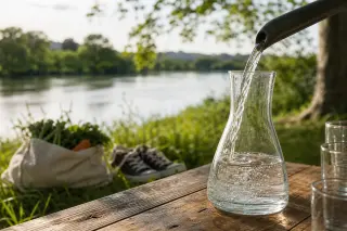 Glass carafe being filled with water on a wooden table by a calm riverbank, with reusable bag and fresh produce in the grass nearby, in soft afternoon light.