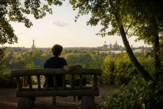 Person sitting alone on a bench in a leafy park, gazing towards distant amusement park silhouettes in the late afternoon light.