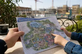 Hands holding a park map with colorful sketches of new attractions, on a café table with blurred hints of construction in the background, in soft spring daylight.