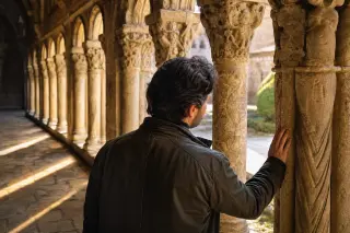 A person quietly exploring the sunlit cloister of an old abbey, touching stone carvings, with warm light streaming through arches onto aged floor tiles.