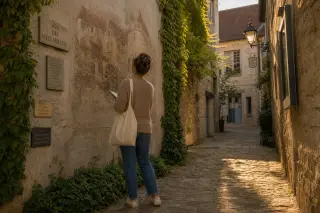 Single woman in casual clothes exploring a quiet, sunlit cobblestone alley in Marne-la-Vallée, stopping to observe a faded historical mural