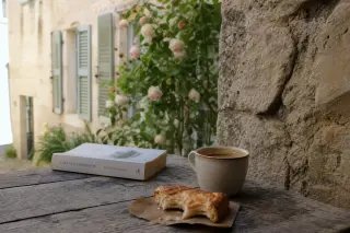 Quiet village corner in Brie with rustic table, half-eaten pastry, coffee, and book, stone wall and blooming roses softly blurred in background.