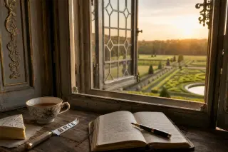 Sunlit castle window ledge with teacup, Brie cheese knife, and notebook overlooking garden at Vaux-le-Vicomte
