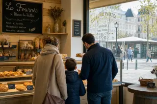 Family choosing pastries together in a cozy bakery in Marne-la-Vallée, afternoon light streaming through a window, capturing a quiet, everyday moment.